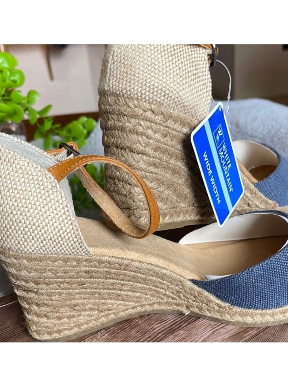 White Mountain Blue Canvas Espadrille Wedge Sandals with Tan Ankle Straps